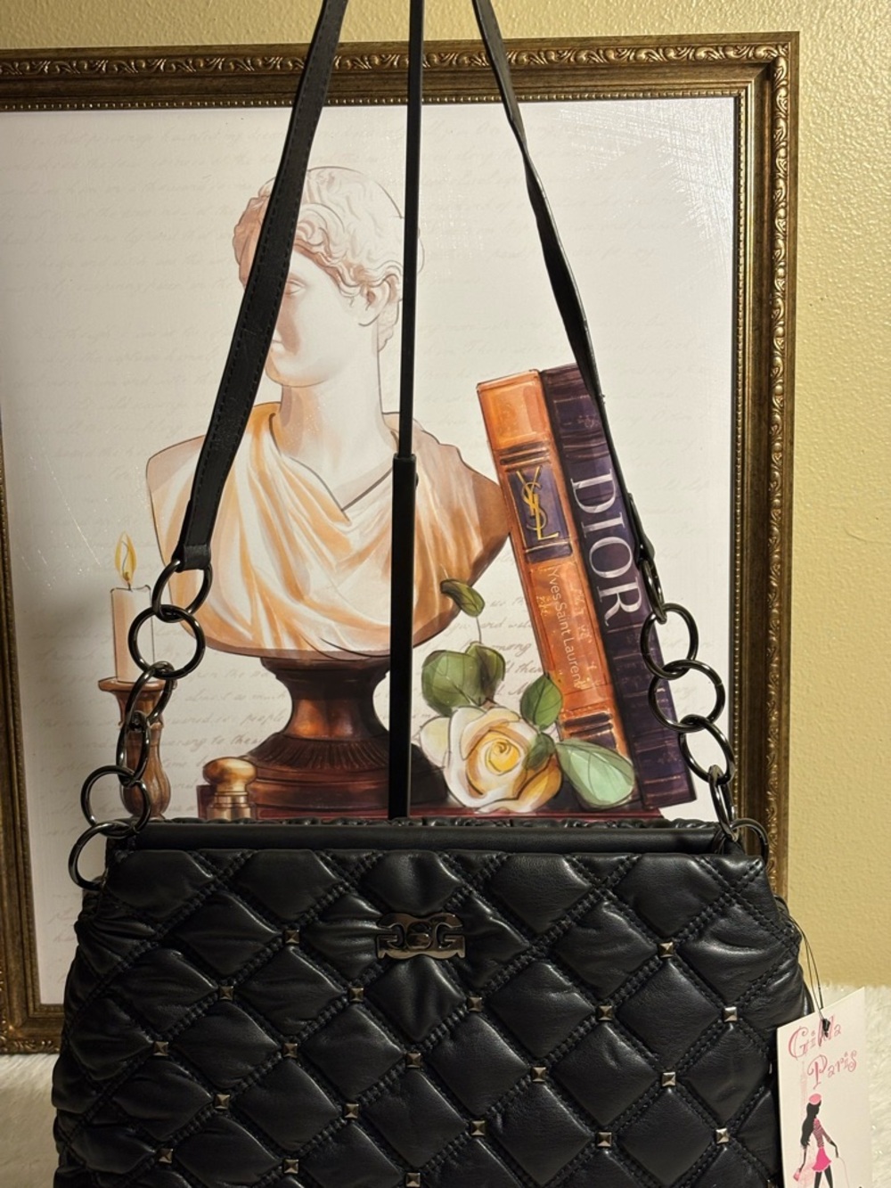 Black Quilted Shoulder Bag with Chain-Link Strap